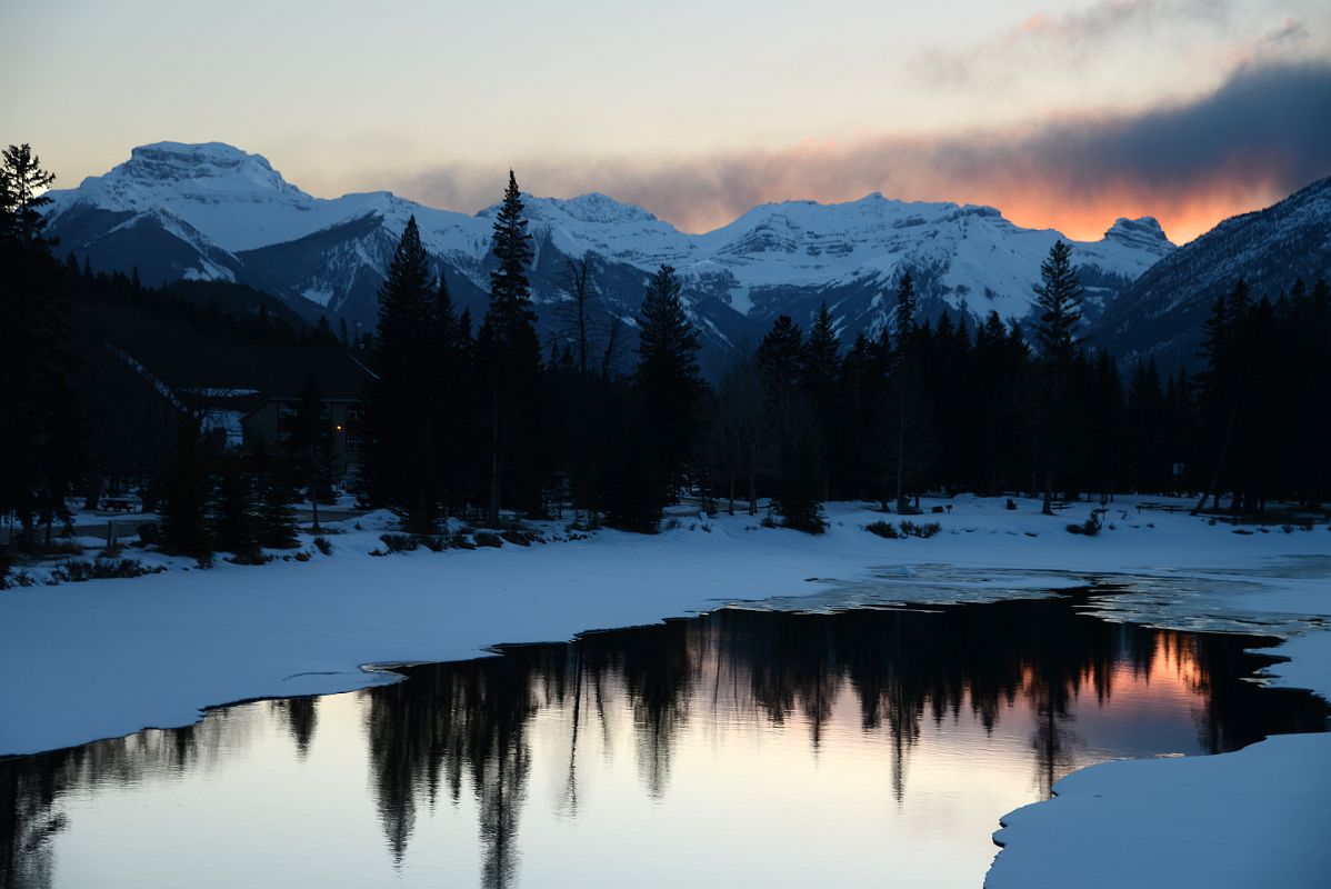 23A Mount Bourgeau, Mount Brett, Massive Mountain and Pilot Mountain At Sunset From Bow River Bridge In Banff In Winter